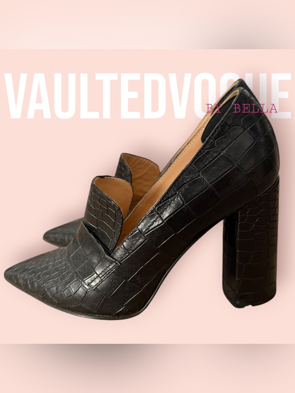 Napoleoni Black Croc-Embossed Leather Pointed-Toe Loafer Pumps / Block Heel
